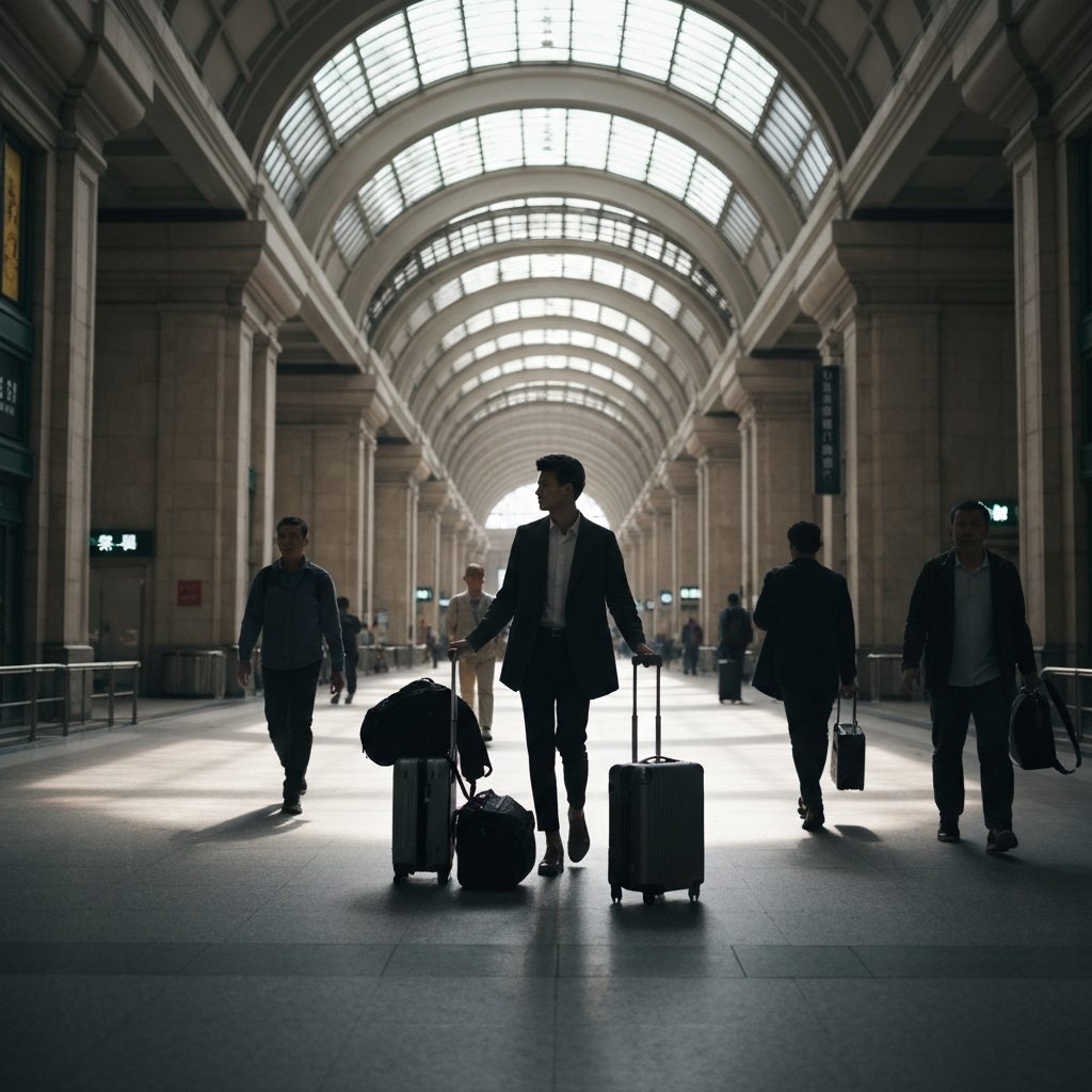Interior of Taipei Main Station, showing diverse travelers navigating the concourse with luggage, soft natural light filtering through the high arched ceiling.