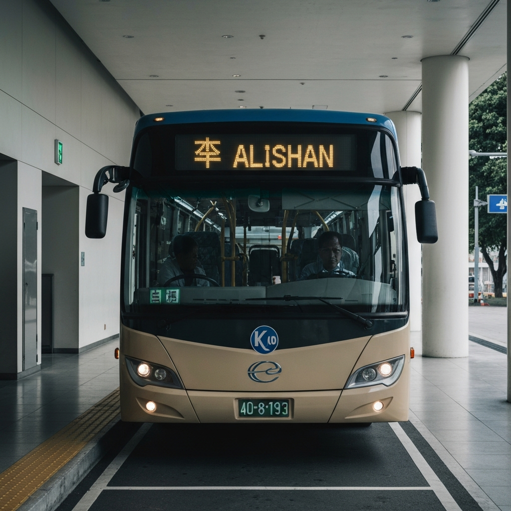 Kuo-Kuang eBus at Taipei Bus Station, side-lit with soft focus on the Alishan destination sign.