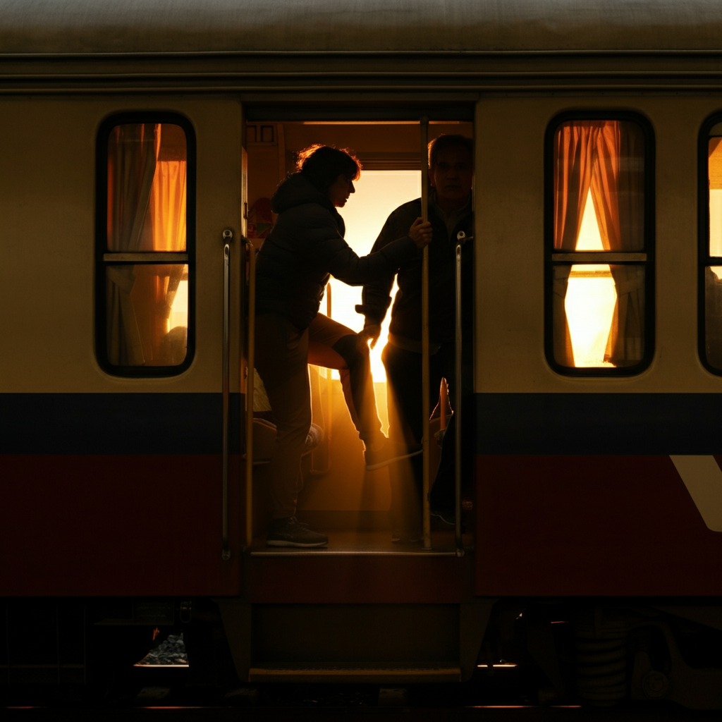 People boarding a Taiwan Railways train, golden hour light streaming through the carriage window.