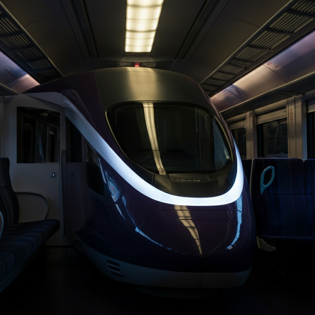 Sleek, modern interior of a Taiwan High-Speed Rail (HSR) train carriage, with soft bokeh on passengers in the background.