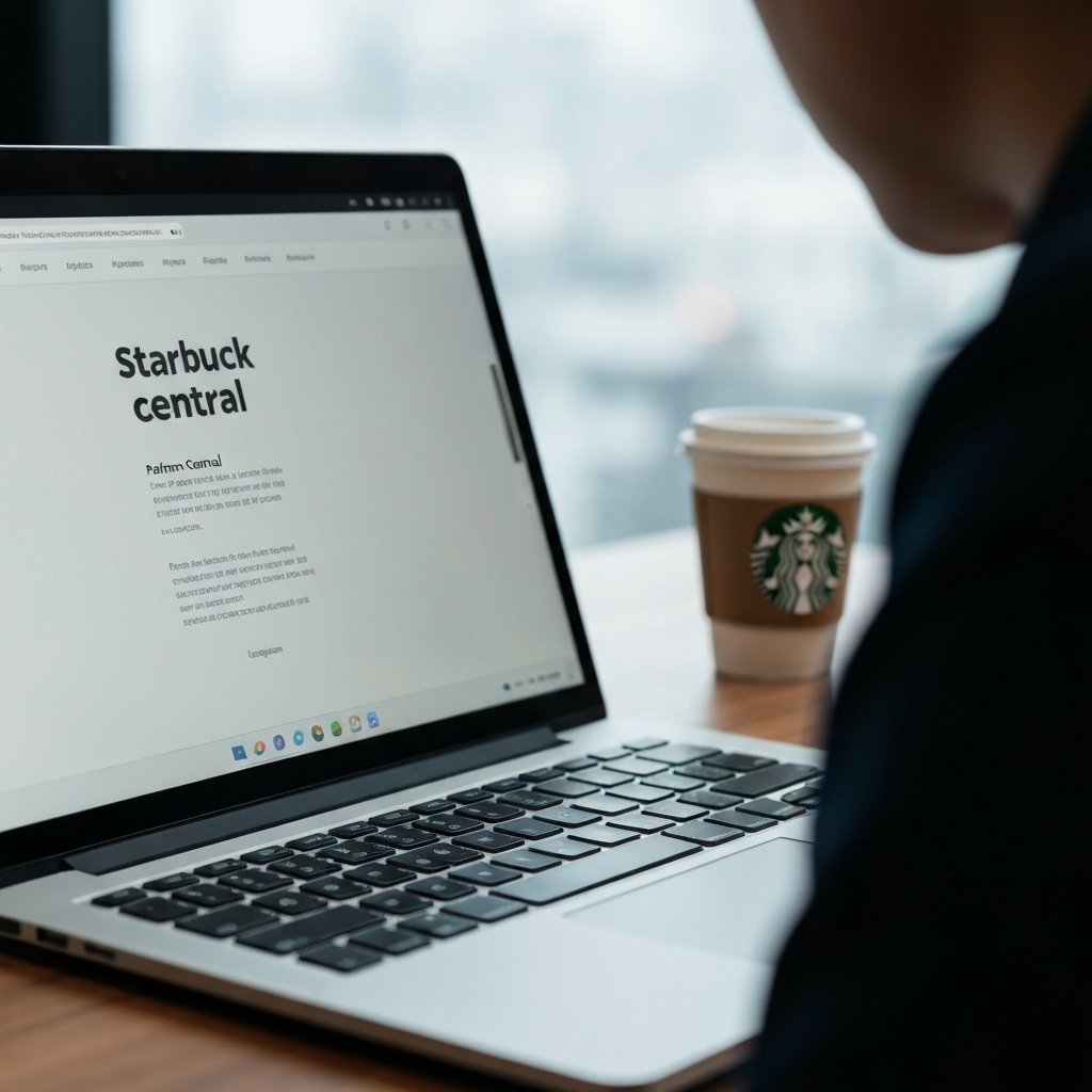Close-up of a laptop screen displaying the Starbucks Partner Central login page. Soft, diffused lighting illuminates the keyboard and screen, with a blurred coffee cup in the background.