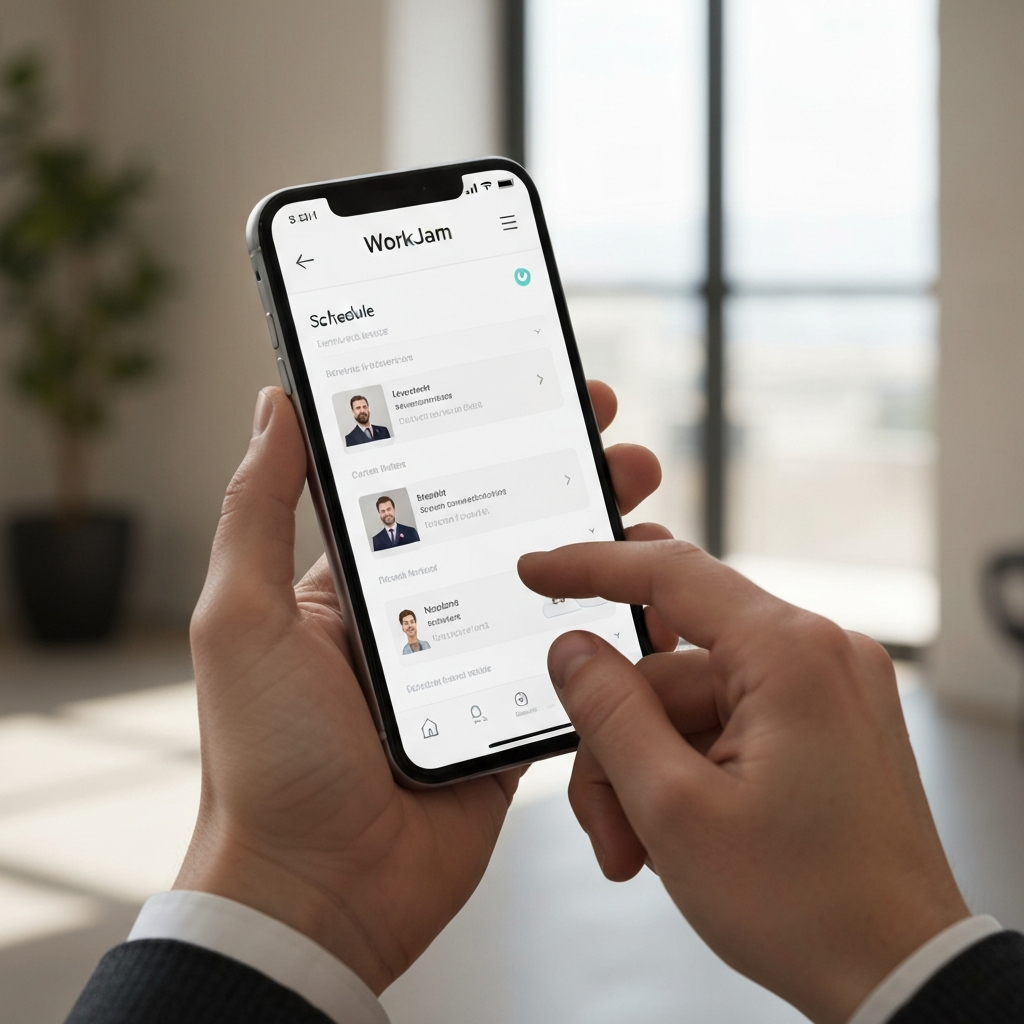 Hands holding a smartphone displaying the WorkJam app interface, specifically the "Schedule" tab. Focus is on the screen's clarity and the user's thumb gently scrolling through the schedule.