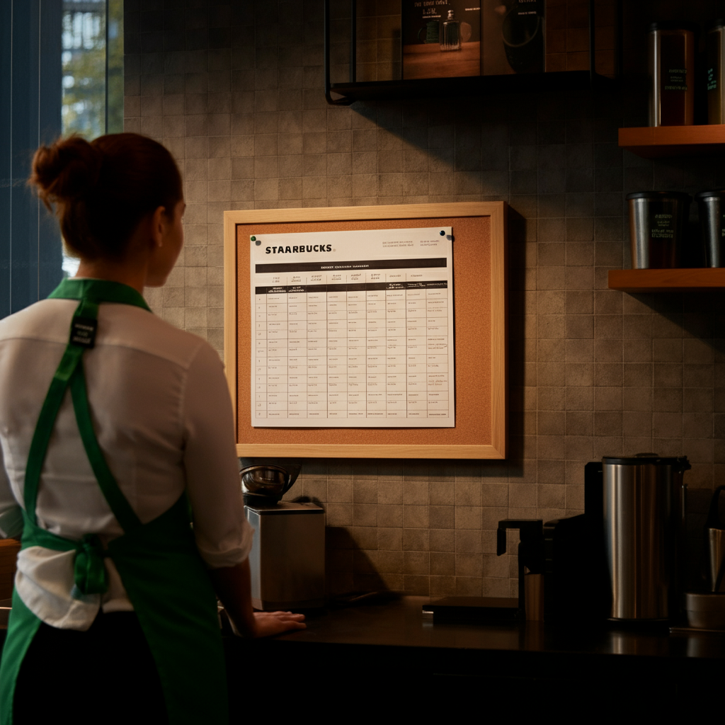 A bulletin board inside a Starbucks break room, with a printed schedule pinned to it. Soft, indirect lighting highlights the schedule, and a barista is casually glancing at it.
