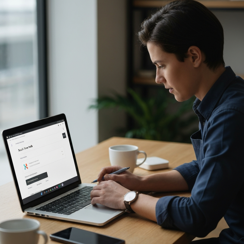 A barista sitting at a desk, reviewing their sick time balance on the Partner Central Hub on a laptop. The scene is well-lit, and the focus is on the laptop screen and the barista's attentive expression.