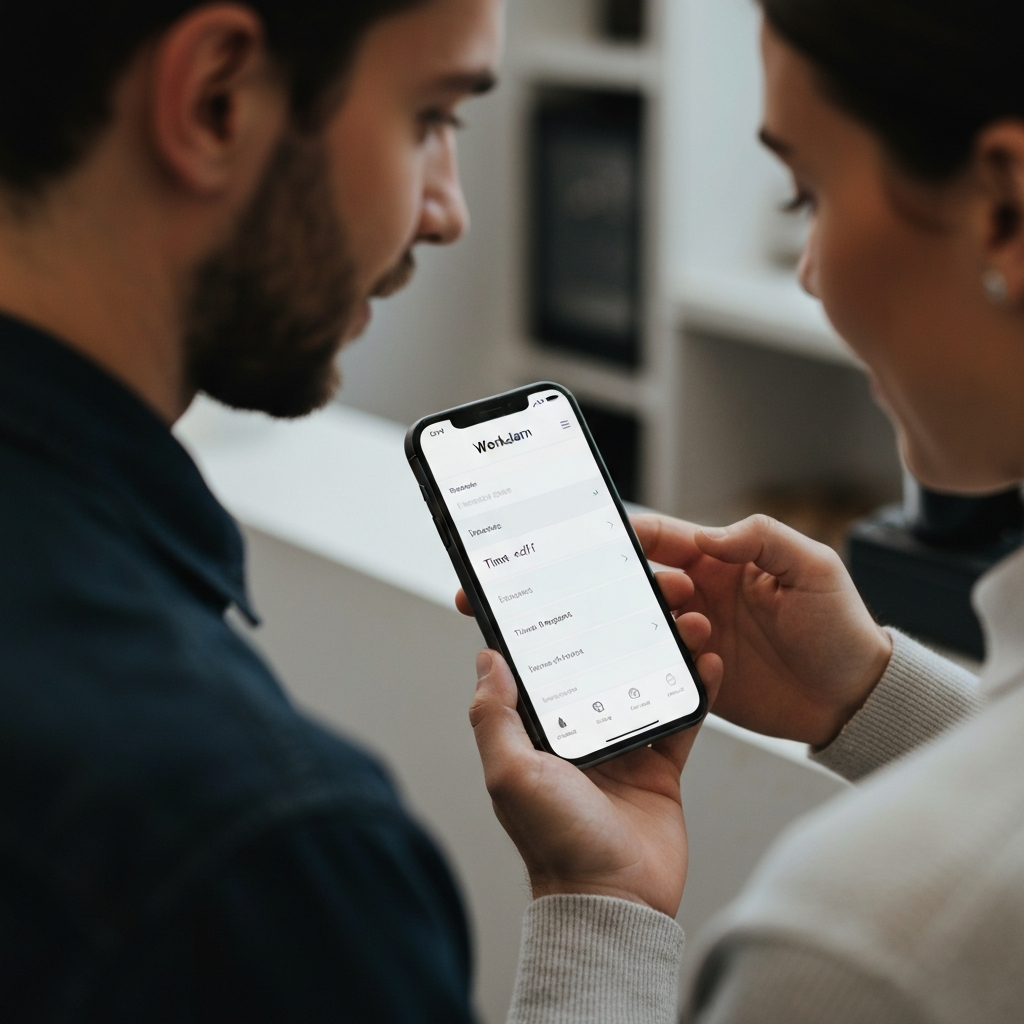 A barista using the WorkJam app on their phone to submit a time-off request. The background is blurred, focusing on the phone screen and the barista's interaction with the app.