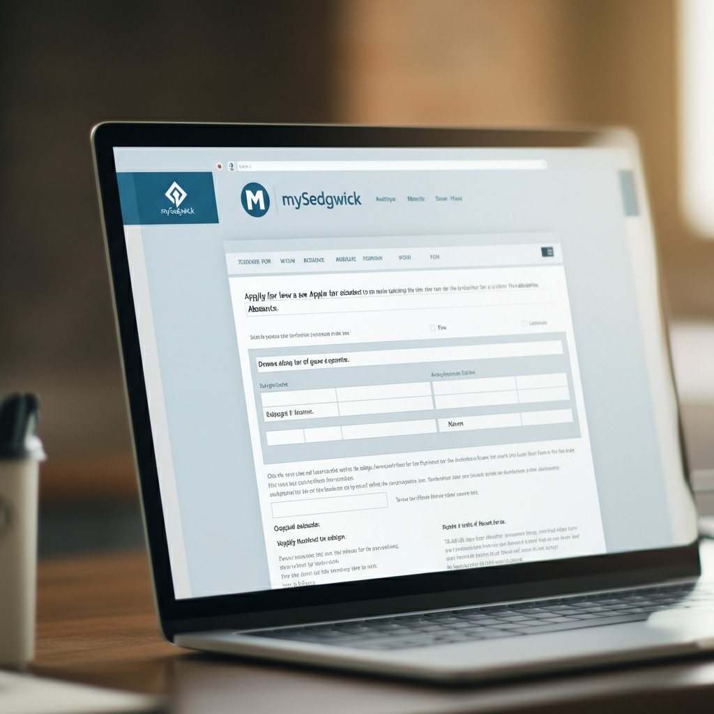 A close-up of a computer screen displaying the mySedgwick website, with a form for applying for a leave of absence. The lighting is soft and neutral, emphasizing the website's interface.