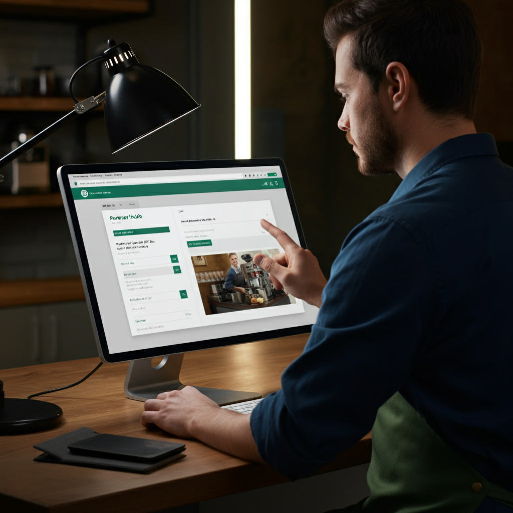 A barista reviewing their pay stub on the Partner Central Hub on a desktop computer in a quiet office setting. The lighting is professional and focused on the screen.