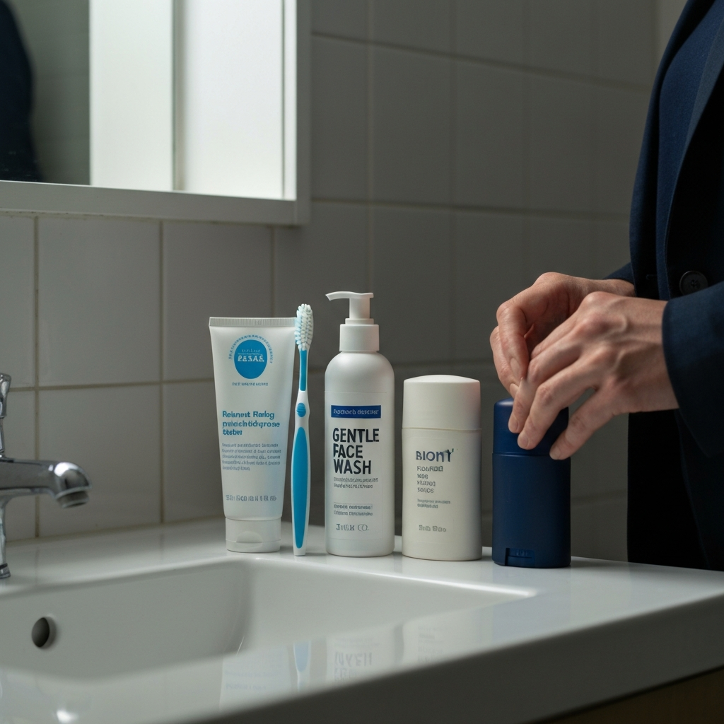 A brightly lit bathroom counter with a clean white sink. A tube of toothpaste, a toothbrush, a bottle of gentle face wash, and a stick of deodorant are neatly arranged. The items are side-lit, casting soft shadows.