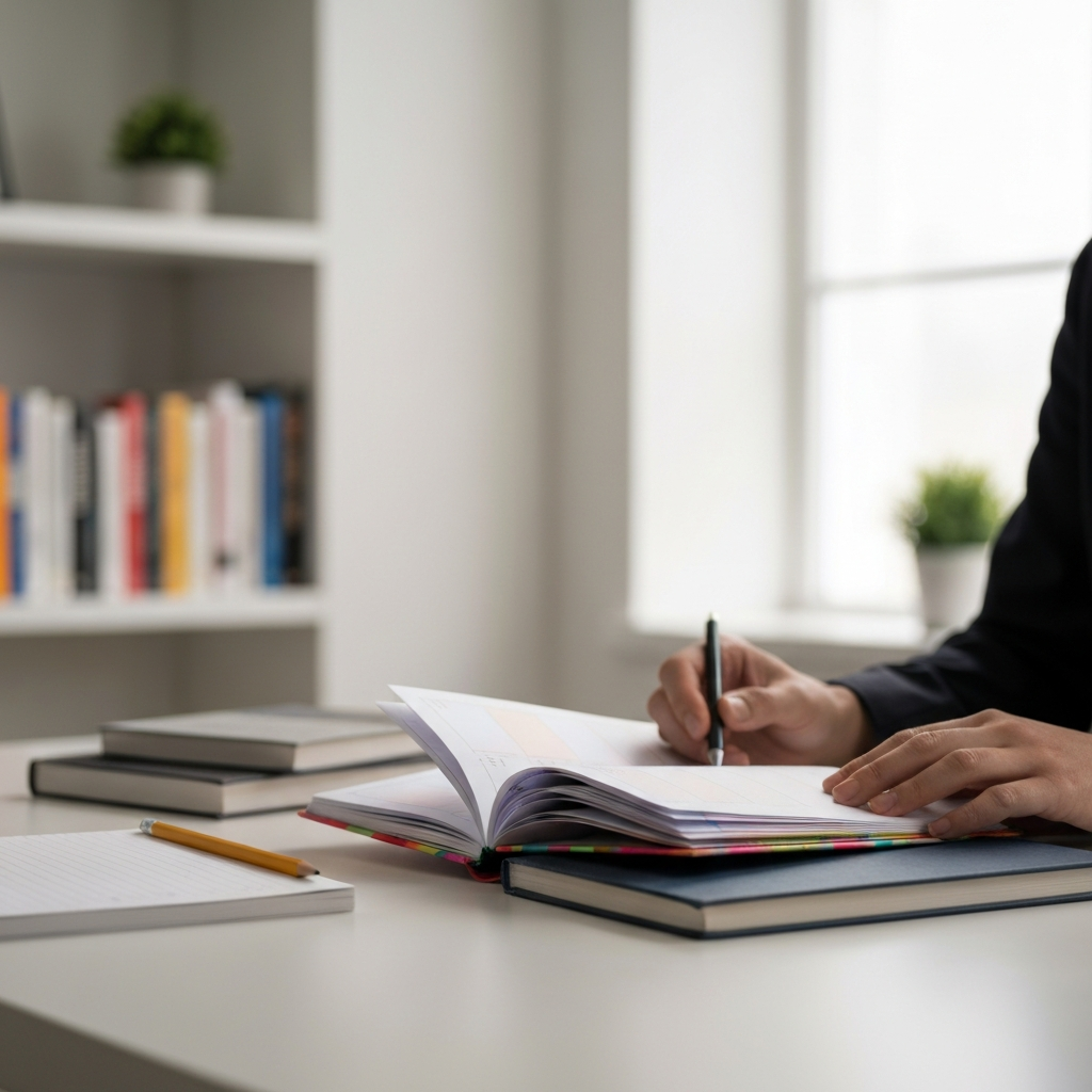 A brightly lit desk with a colorful planner open. A pencil, a notebook, and a few textbooks are arranged neatly around the planner. Soft bokeh in the background shows a shelf of books.