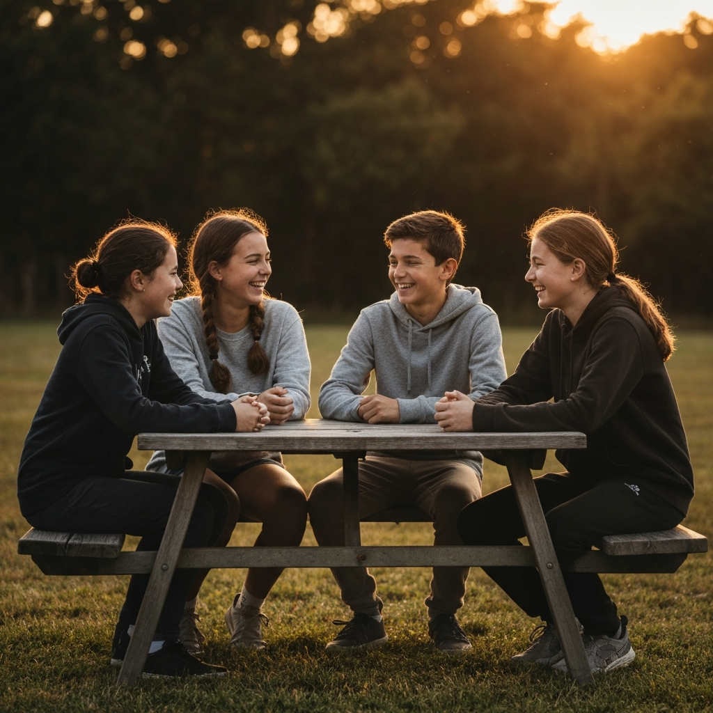 Three tweens sitting together at an outdoor picnic table, laughing and talking. Golden hour lighting creates a warm and inviting atmosphere. They are all casually dressed in modern clothing.