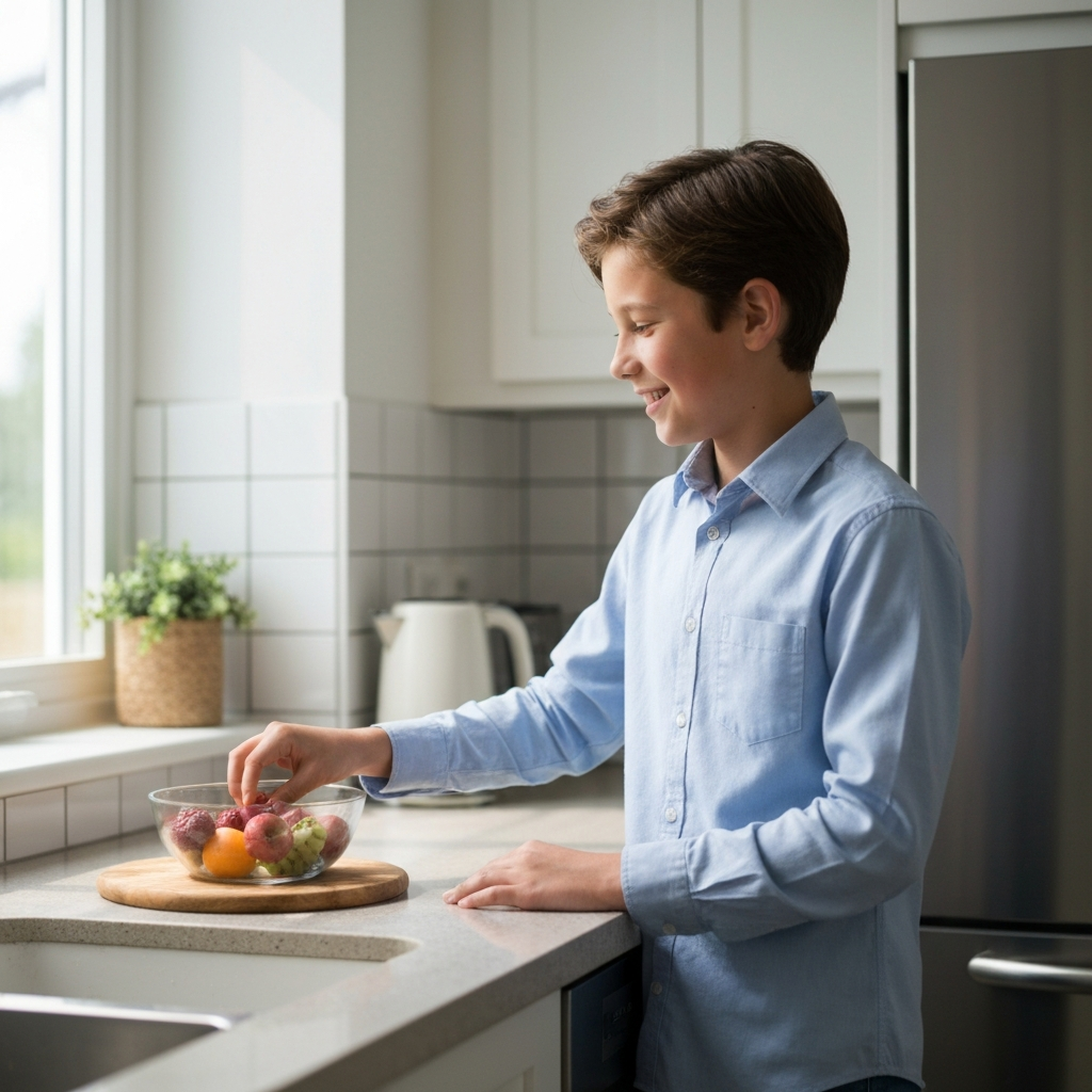 A tween boy standing in a kitchen, preparing a healthy snack. He's smiling as he reaches for a bowl of fresh fruit. The kitchen is bright and clean, with natural light filtering through the window.