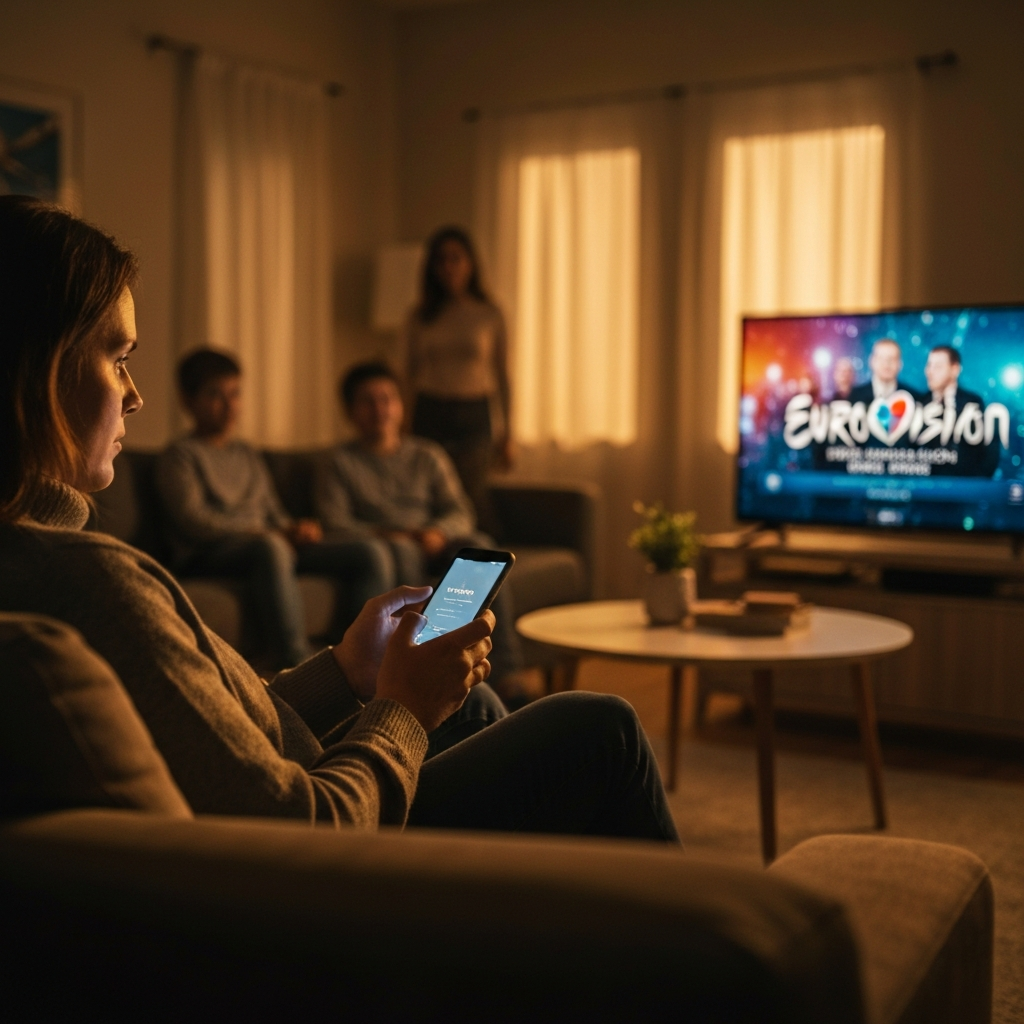 A person sitting on a couch in a living room, illuminated by the warm glow of a television screen displaying the Eurovision broadcast. Soft bokeh in the background shows other family members enjoying the show. The person is holding a mobile phone, ready to cast their vote. Warm, inviting lighting.