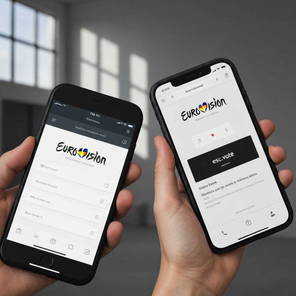A close-up shot of two mobile phones, one displaying the Eurovision app interface and the other showing the esc.vote website on a mobile browser. The phones are held against a neutral grey background. Sharp focus, minimal distractions.