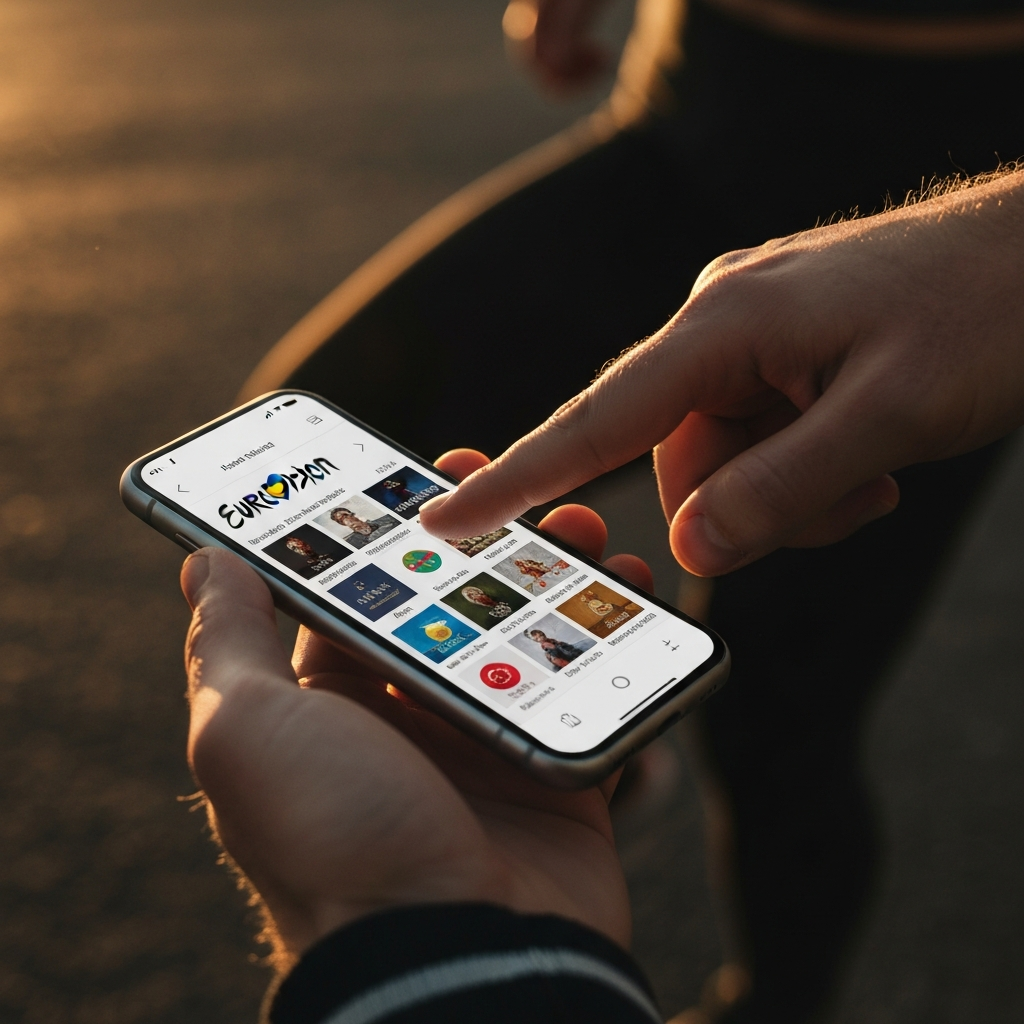A person's hand tapping on a smartphone screen, selecting a song within the Eurovision app. The app interface is clearly visible, showcasing the participating countries and their songs. Soft, diffused lighting on the hand and phone.