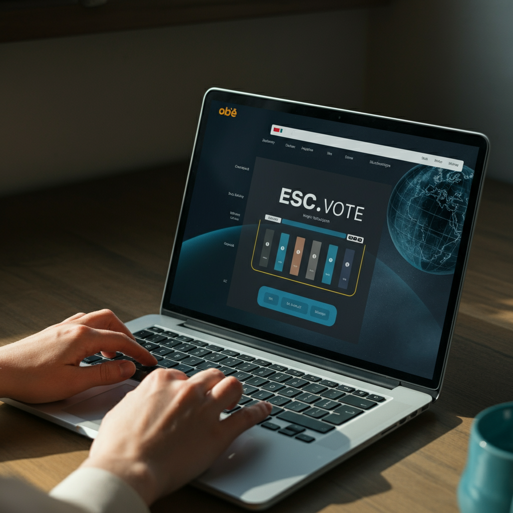 A laptop screen displaying the esc.vote website, with a person's hands hovering over the keyboard. The screen shows the country selection interface, with a globe in the background. Natural lighting from a nearby window.