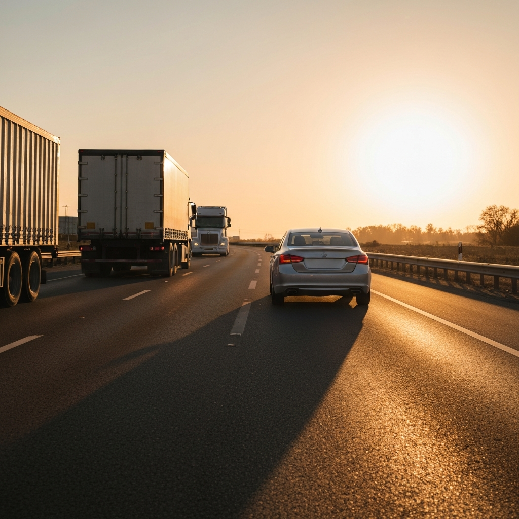 Highway scene at sunset. A silver sedan follows a tractor trailer with good spacing. Soft golden hour lighting casts long shadows. The road surface is slightly textured and dry.