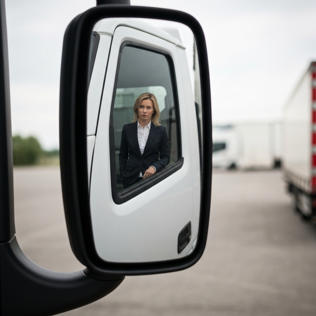 Close-up view of a large truck's side mirror reflecting a small portion of a passenger car. The truck mirror is clean and well-maintained. Depth of field is shallow, blurring the background.