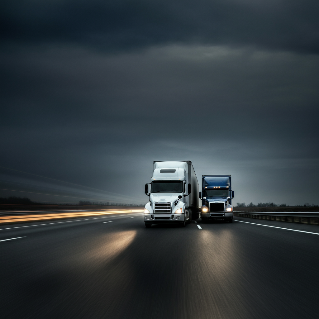 Highway scene with a passenger car safely overtaking a tractor trailer in the left lane. The car's headlights are clearly visible. The sky is slightly overcast, providing soft, even lighting.