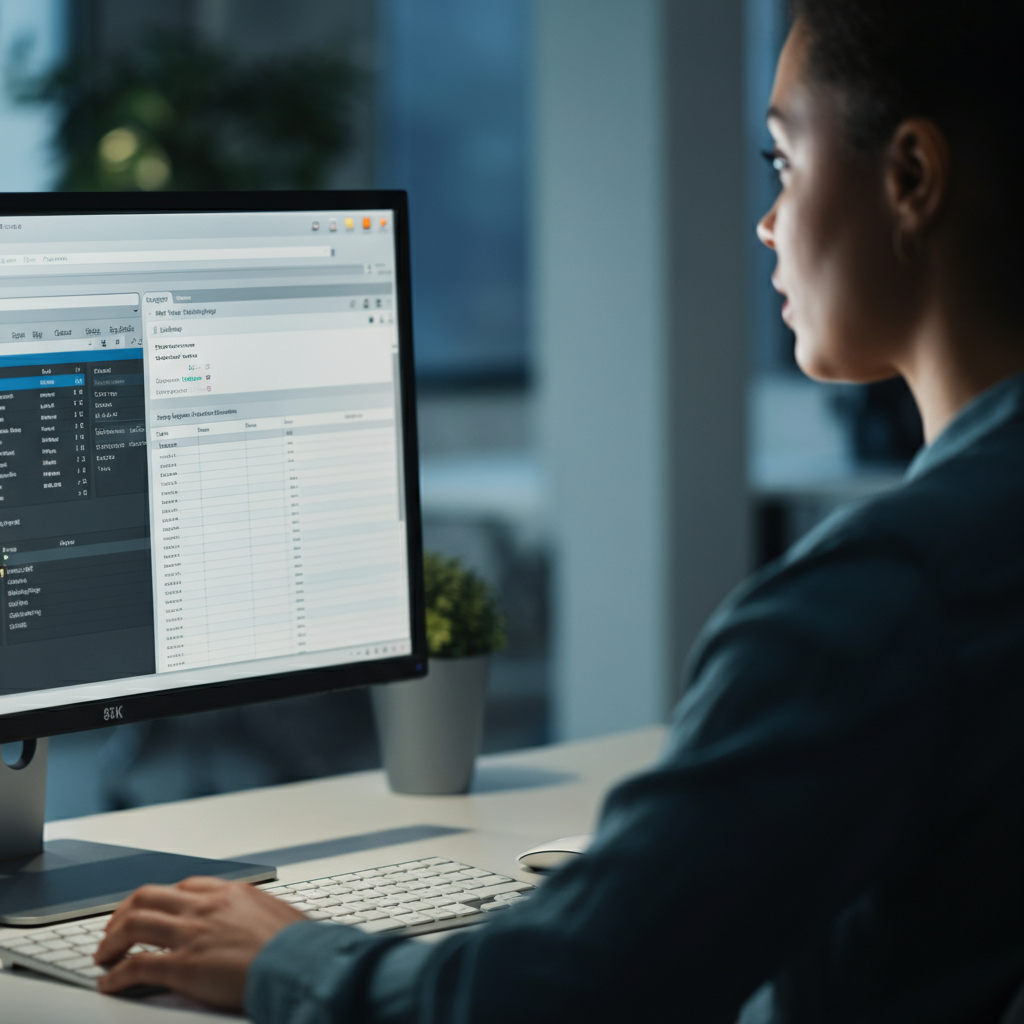 A brightly lit office with a modern computer setup. The monitor displays two application windows side-by-side, with a spreadsheet on the left and a document editor on the right. Soft bokeh background shows office plants and blurred figures.