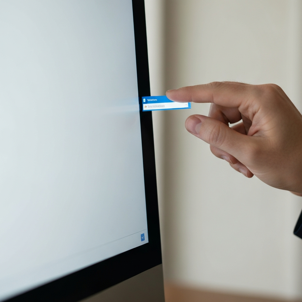 Close-up of a person's hand clicking and dragging a window's title bar on a computer screen. The screen is side-lit, creating textures on the hand and the monitor's bezel. Shallow depth of field focuses on the hand and the title bar.