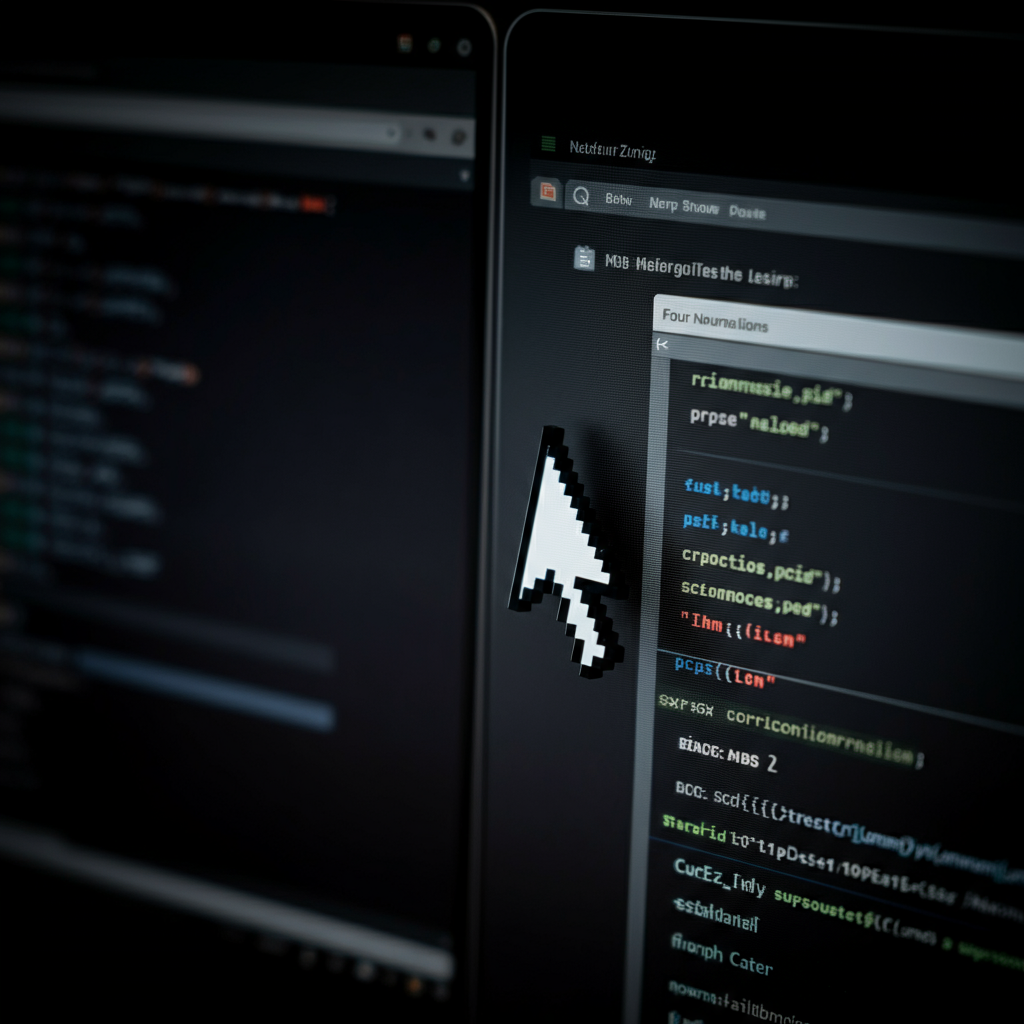 Close-up of a mouse cursor hovering over the divider between two windows on a computer screen. The divider is highlighted, and the cursor is shaped like a double-sided arrow. The screen displays two different types of software: a web browser and a code editor.
