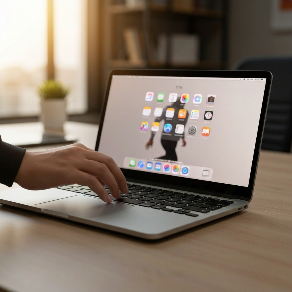 A person using a trackpad on a MacBook Pro, selecting an application from Mission Control to initiate Split View. The screen displays a variety of application icons, with a soft, out-of-focus background featuring a minimalist office setup.
