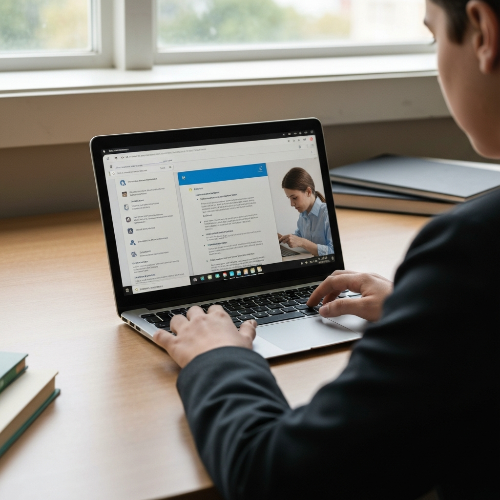 A Chromebook on a desk with a student using the device. The screen shows a split-screen setup with a document on one side and a web browser on the other. Natural light streams in from a window.