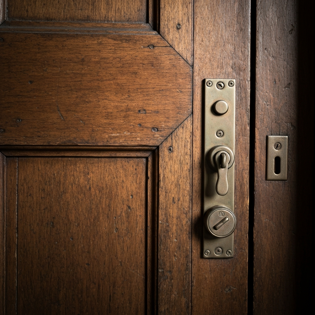 A close-up shot of a sturdy, weathered wooden door with a complex, multi-point lock system. Soft, diffused light highlights the textures of the wood grain and the metallic gleam of the lock.