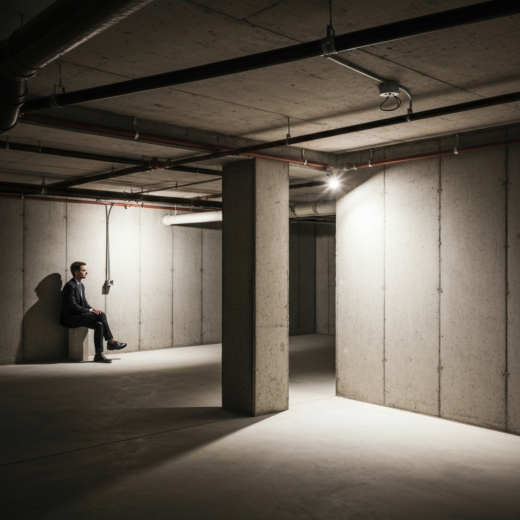 A dimly lit basement with exposed pipes and concrete walls. A single work light casts long shadows, highlighting dust motes in the air. The composition is slightly off-center to create a sense of unease.