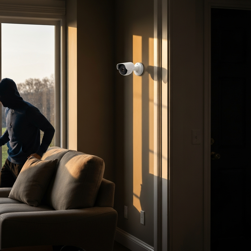 A well-lit living room with comfortable furniture. A security camera is subtly mounted in the corner of the room, its lens facing the doorway. Natural light streams through the window, creating a warm and inviting atmosphere, juxtaposed with the presence of the security device.