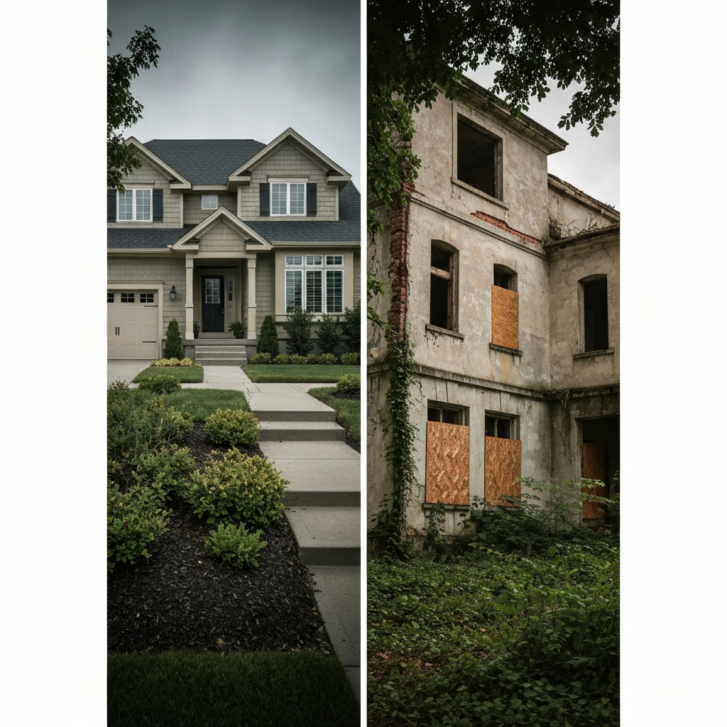 A split-screen showcasing two contrasting properties. On one side, a meticulously maintained home with manicured landscaping. On the other, a dilapidated, abandoned building with boarded-up windows and overgrown foliage. The composition emphasizes the stark difference in occupancy and condition.