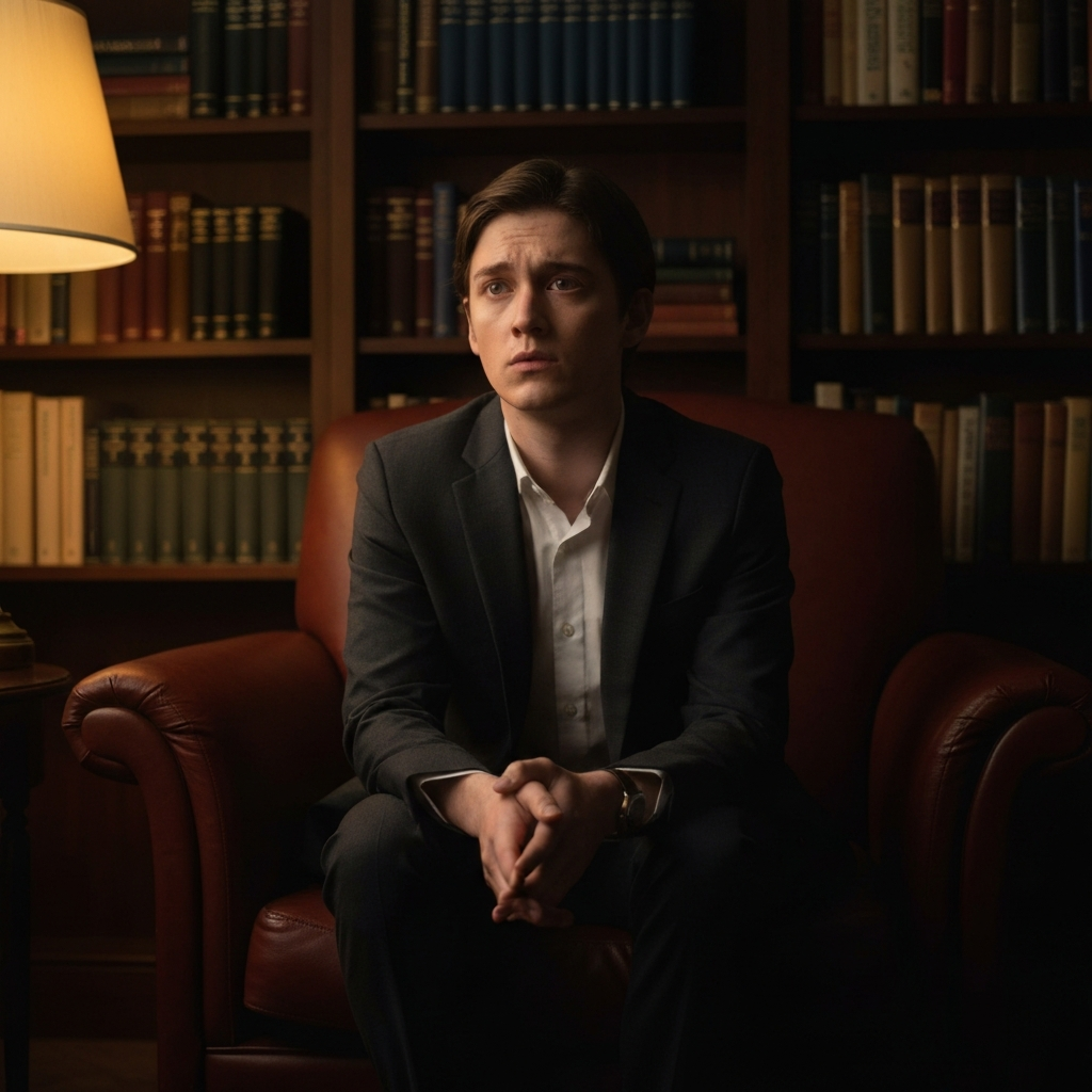 A person sitting alone on a plush armchair in a dimly lit study, a concerned expression on their face, soft bokeh highlighting the books on the shelves behind them.