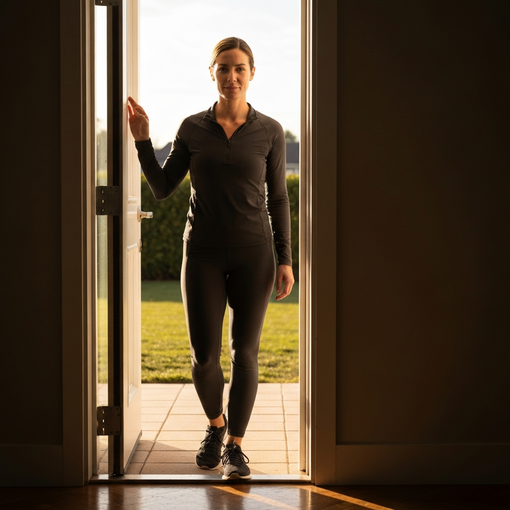 A woman standing confidently in a sunlit doorway, her hand gently resting on the doorframe, looking directly at the camera with a calm but firm expression.