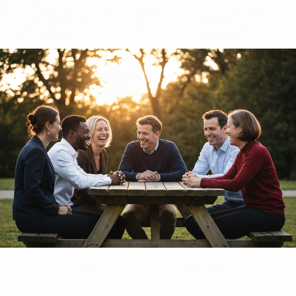 A group of diverse individuals laughing and talking around a picnic table in a park, golden hour lighting creating a warm and inviting atmosphere, soft focus on the background trees.