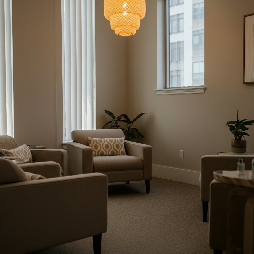A therapist's office with comfortable seating and soft lighting, a plant on a table adding a touch of nature, creating a calming and supportive environment.