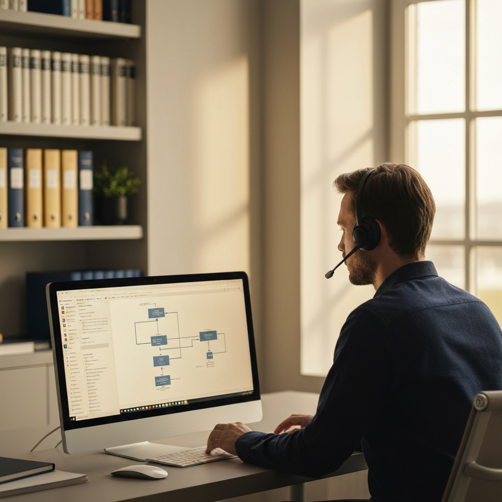 A person sitting at a desk, wearing a headset, looking intently at a computer screen displaying a complex flowchart. Warm, inviting ambient light from a nearby window.