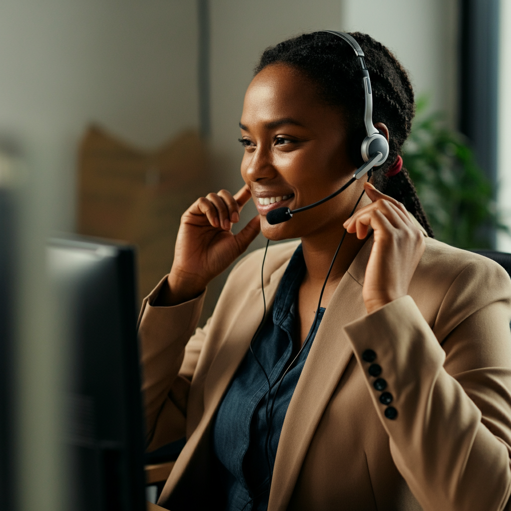 A customer service agent, wearing a professional blazer, smiling warmly while talking on a headset in a brightly lit call center. Natural light from a window creates a soft glow on the agent's face.
