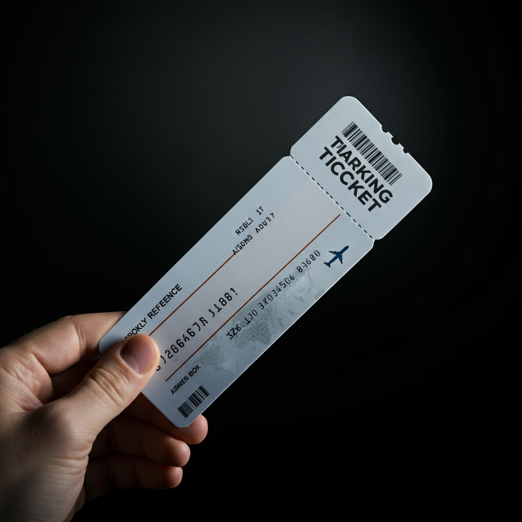 A hand holding a printed airline ticket with a clearly visible booking reference number highlighted. Side-lit texture of the paper ticket with soft bokeh in the background.