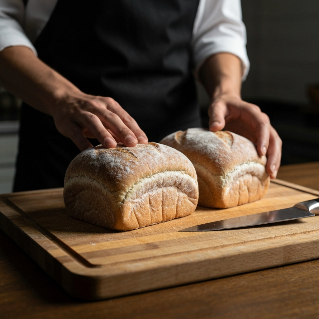 A close-up shot of frozen bread loaves thawing on a wooden cutting board. Soft, natural light illuminates the bread, highlighting the condensation forming on the packaging. A chef's knife rests beside the loaves.