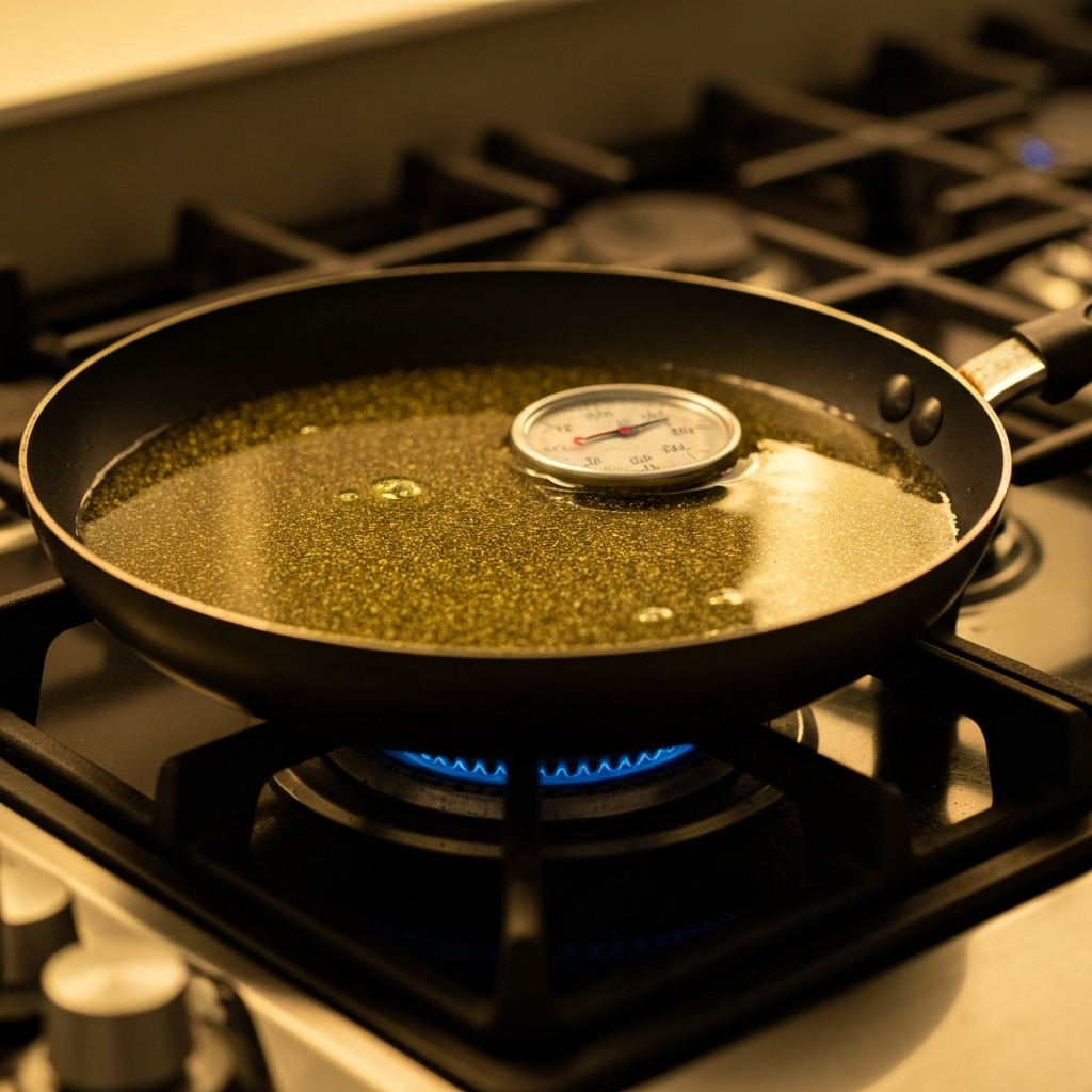 A close-up of vegetable oil shimmering in a frying pan on a stovetop. The burner beneath the pan is set to medium heat, and a thermometer is visible in the oil. The background is slightly blurred, emphasizing the texture of the oil.
