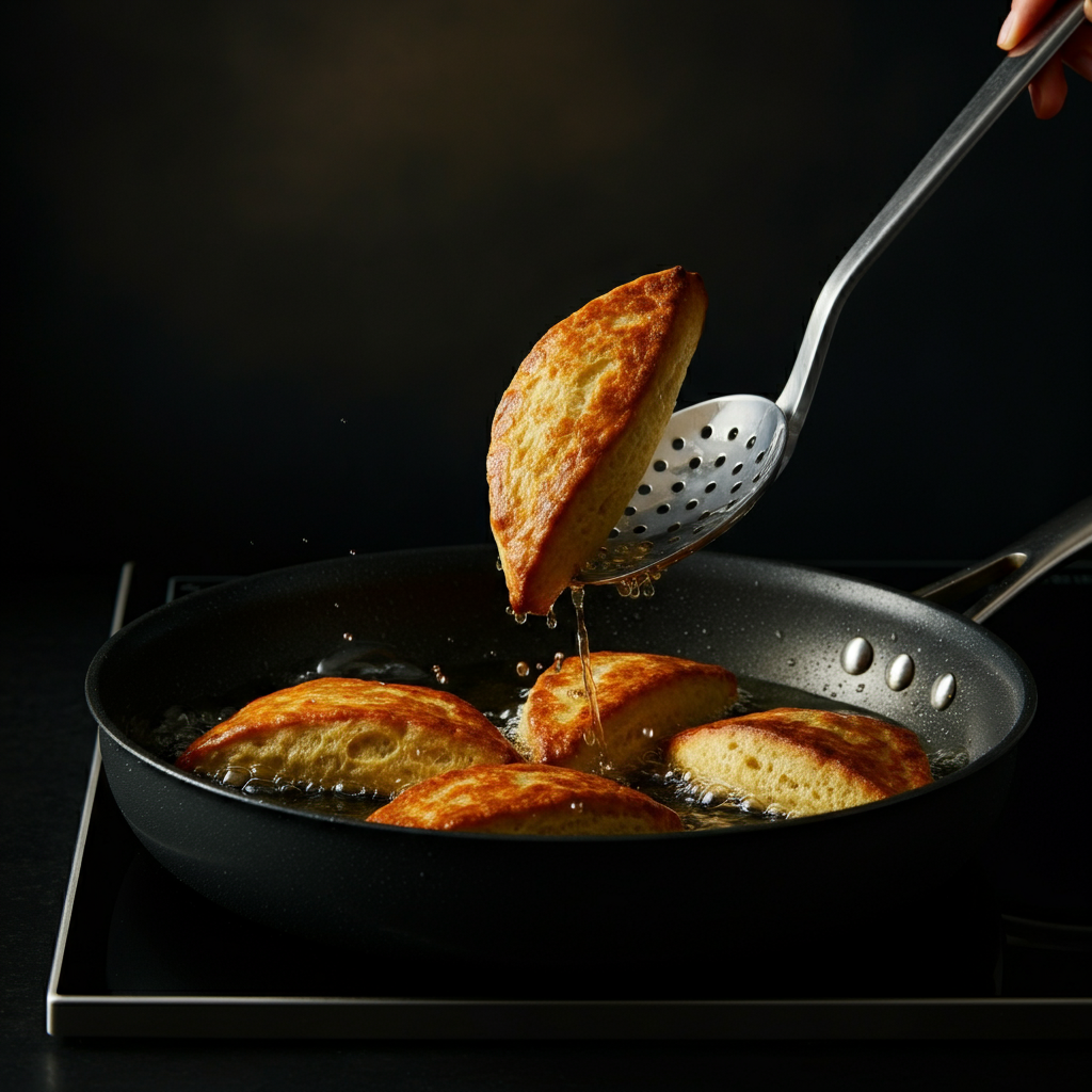 A frying pan filled with golden-brown sconch pieces being flipped with a slotted spoon. The oil is bubbling gently around the bread, and the background shows a clean kitchen environment. Soft, warm lighting creates an inviting atmosphere.