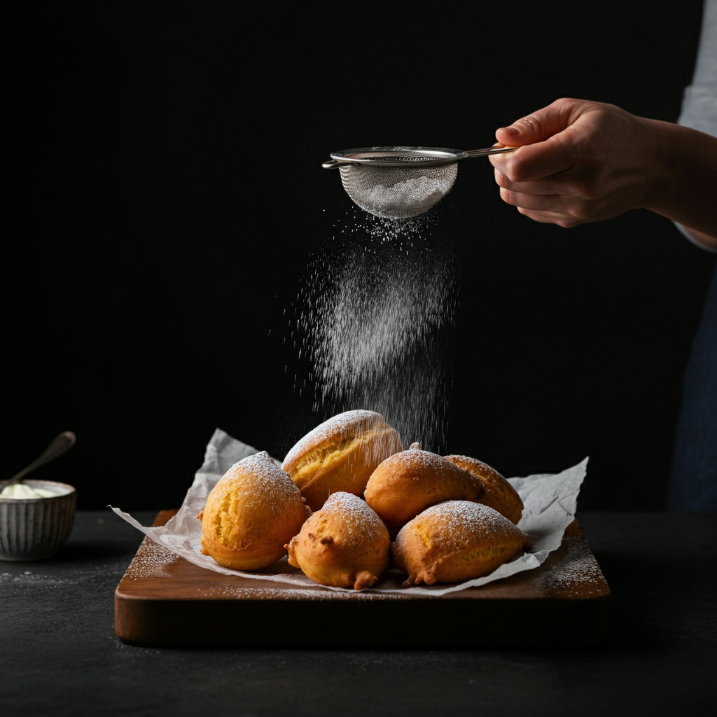 A close-up of freshly fried sconch pieces arranged on a paper towel-lined plate, being generously dusted with powdered sugar from a sifter. Soft bokeh in the background highlights the texture of the sugar and the golden-brown color of the sconch.