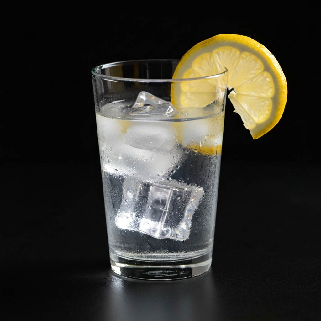 A close-up shot of a clear glass filled with water and ice cubes. Soft, diffused light illuminates the glass, highlighting the condensation droplets. A sliced lemon rests on the rim of the glass, adding a touch of vibrancy.