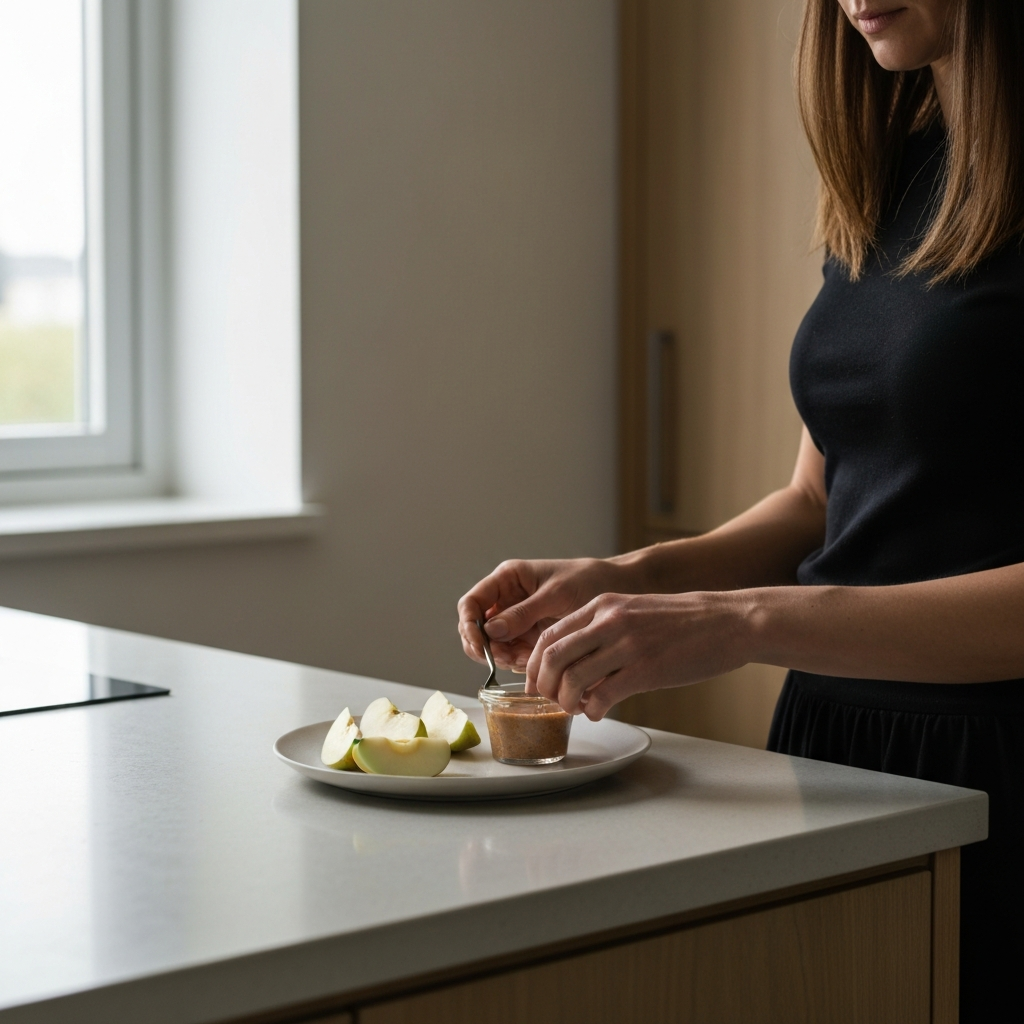 A woman is preparing a healthy snack in a modern kitchen. The lighting is soft and natural, streaming in from a nearby window. The focus is on her hands as she arranges slices of apple and a small portion of almond butter on a plate.