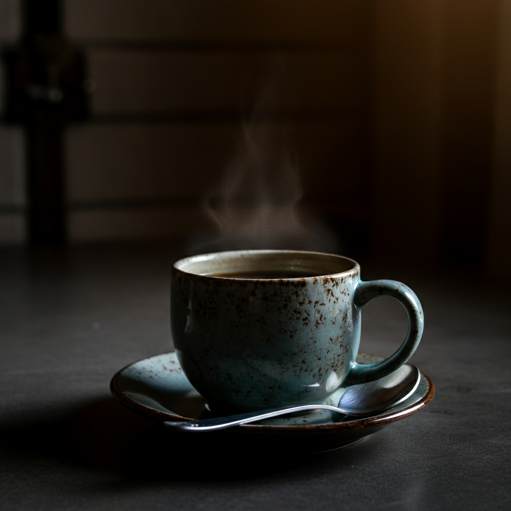 A close-up, side-lit shot of a ceramic mug filled with steaming coffee. The texture of the mug is visible, showing subtle imperfections in the glaze. A spoon rests gently on the saucer, catching a glint of light.