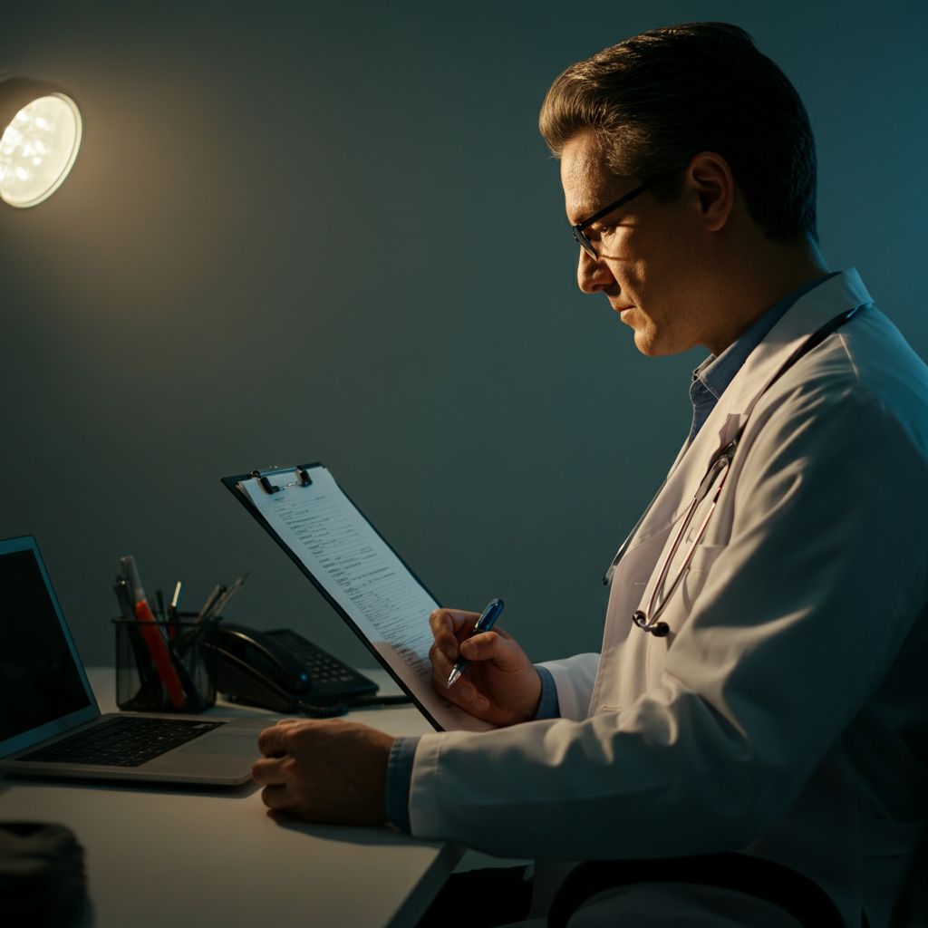 A doctor in a brightly lit, professional office is reviewing a patient's medical chart. The doctor is wearing a white coat and appears focused and attentive. Soft bokeh in the background obscures specific details but suggests a clean and organized environment.