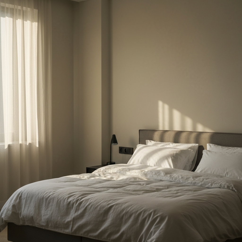 A bedroom scene during golden hour, with soft light streaming through the window and illuminating a neatly made bed. The room is minimalist and calming, with neutral color tones. The focus is on the inviting texture of the bedding and the peaceful atmosphere.