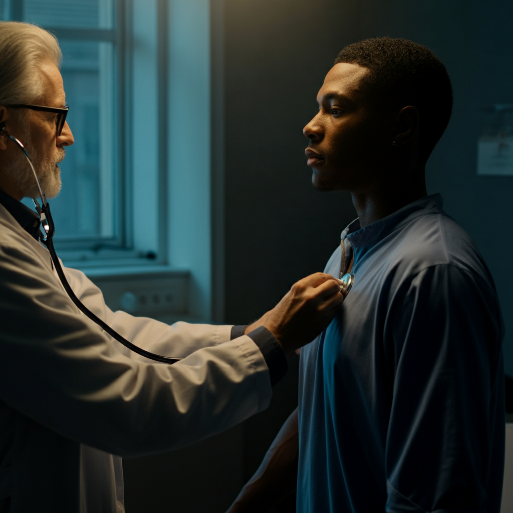 A patient is undergoing a check-up with a doctor. The doctor is using a stethoscope to listen to the patient's heartbeat. The environment is professional, clean, and sterile, with soft lighting and muted colors.