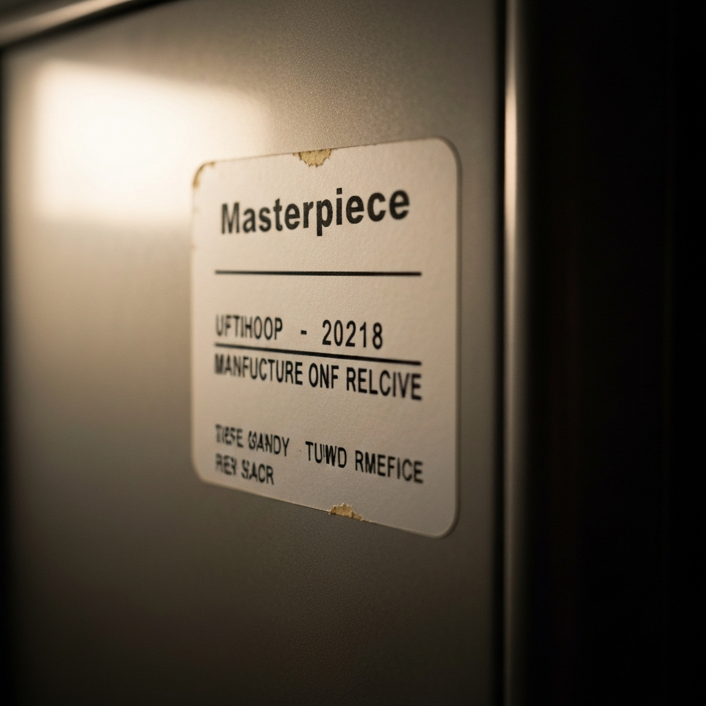Close-up of a refrigerator's manufacturer label showing the date of manufacture, soft lighting, slightly worn texture on the label.