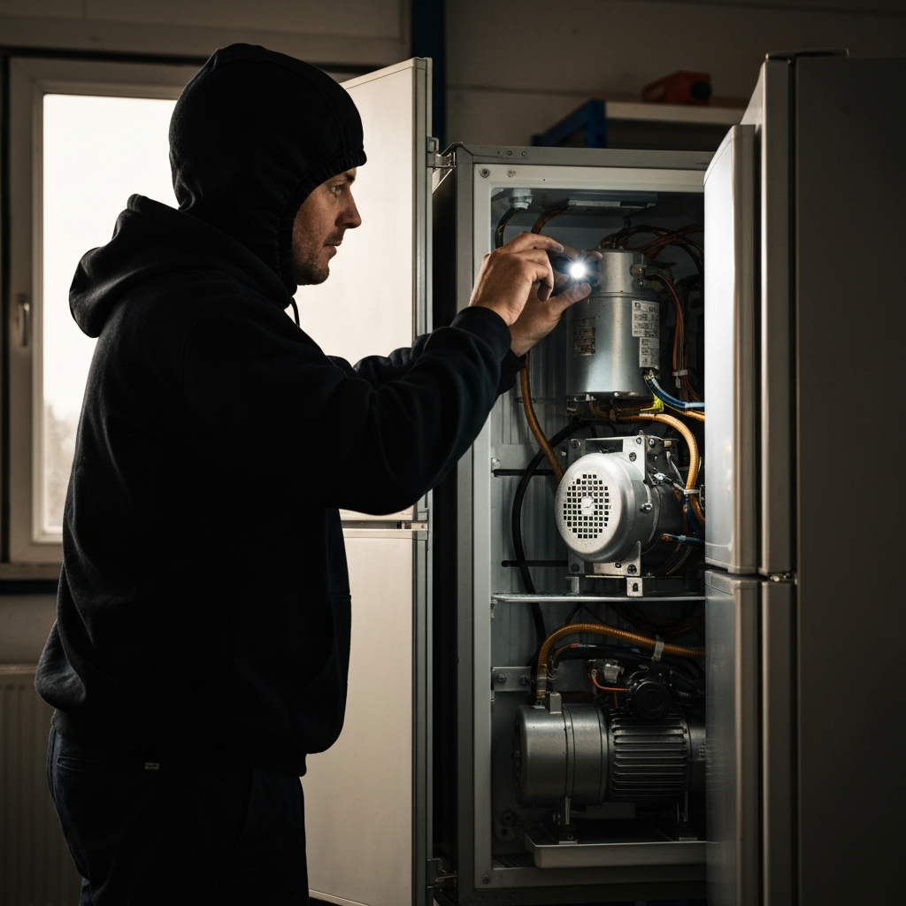 A mechanic in professional attire is inspecting the back of a refrigerator, focusing on the motor and compressor, using a flashlight, well-lit workshop.